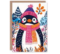 Wee Blue Coo Greeting Card Cute Penguin Winter Hat Scarf Vibrant Cartoon For Child Kids Xmas Christmas Card