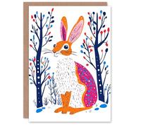 Wee Blue Coo Greeting Card Hare Rabbit in Winter Landscape Modern Folk Art Blank For Him Or Her Art Xmas Christmas Card