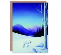 Wee Blue Coo Greeting Card White Reindeer in Snow Winter Mountain Landscape Blank For Him Or Her Art Xmas Christmas Card