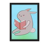Wee Blue Coo Grey Bunny Rabbit Reading Book Artwork Framed Wall Art Print 18X24 Inch