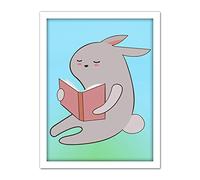 Wee Blue Coo Grey Bunny Rabbit Reading Book Artwork Framed Wall Art Print 18X24 Inch