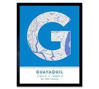 Wee Blue Coo Guayaquil Ecuador City Map Blue Colour Block Modern Typography Stylish Letter Framed Word Wall Art Print Poster for Home Décor CITYMAP1