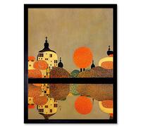 Wee Blue Coo Gustav Klimt Style Autumn Lakeside Town Church Reflection Art Print Framed Poster Wall Decor 12x16 inch