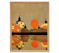 Wee Blue Coo Gustav Klimt Style Autumn Lakeside Town Church Reflection Art Print Framed Poster Wall Decor 12x16 inch