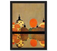 Wee Blue Coo Gustav Klimt Style Autumn Lakeside Town Church Reflection Artwork Framed A3 Wall Art Print