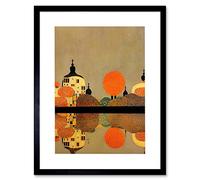 Wee Blue Coo Gustav Klimt Style Autumn Lakeside Town Church Reflection Artwork Framed Wall Art Print 12X16 Inch