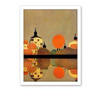 Wee Blue Coo Gustav Klimt Style Autumn Lakeside Town Church Reflection Artwork Framed Wall Art Print 18X24 Inch