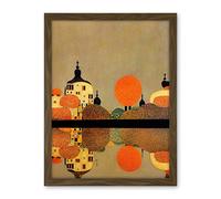 Wee Blue Coo Gustav Klimt Style Autumn Lakeside Town Church Reflection Artwork Framed Wall Art Print 18X24 Inch