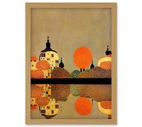 Wee Blue Coo Gustav Klimt Style Autumn Lakeside Town Church Reflection Artwork Framed Wall Art Print A4
