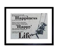 Wee Blue Coo Happiness Happy Banksy Girl Swinging Quote Picture Framed Wall Art Print