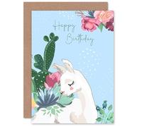 Wee Blue Coo Happy Birthday Llama with Succulents and Flowers Sealed Greeting Card Plus Envelope Blank inside