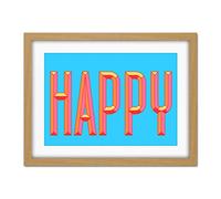 Wee Blue Coo Happy Word Art Bright Artwork Framed Wall Art Print 18X24 Inch