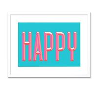 Wee Blue Coo Happy Word Art Turquoise Pink Artwork Framed Wall Art Print 12X16 Inch