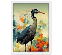Wee Blue Coo Heron Bird in Abstract Flower Field Colourful Teal Orange Navy Illustration Artwork Framed A3 Wall Art Print
