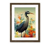 Wee Blue Coo Heron Bird In Abstract Flower Field Colourful Teal Orange Navy Illustration Artwork Framed Wall Art Print 18X24 Inch