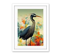 Wee Blue Coo Heron Bird In Abstract Flower Field Colourful Teal Orange Navy Illustration Artwork Framed Wall Art Print 18X24 Inch
