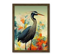 Wee Blue Coo Heron Bird in Abstract Flower Field Colourful Teal Orange Navy Illustration Artwork Framed Wall Art Print 18X24 Inch