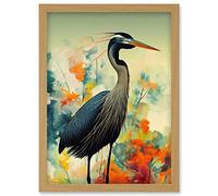 Wee Blue Coo Heron Bird in Abstract Flower Field Colourful Teal Orange Navy Illustration Artwork Framed Wall Art Print A4