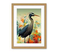 Wee Blue Coo Heron Bird In Abstract Flower Field Colourful Teal Orange Navy Illustration Artwork Framed Wall Art Print 18X24 Inch