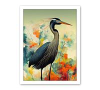 Wee Blue Coo Heron Bird in Abstract Flower Field Colourful Teal Orange Navy Illustration Artwork Framed Wall Art Print 18X24 Inch