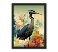 Wee Blue Coo Heron Bird in Abstract Flower Field Colourful Teal Orange Navy Illustration Artwork Framed Wall Art Print 18X24 Inch
