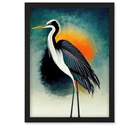 Wee Blue Coo Heron Monochrome Bird Portrait Orange Sunrise Illustration Acrylic Paint Artwork Framed Wall Art Print A4