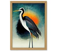 Wee Blue Coo Heron Monochrome Bird Portrait Orange Sunrise Illustration Acrylic Paint Artwork Framed A3 Wall Art Print
