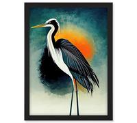 Wee Blue Coo Heron Monochrome Bird Portrait Orange Sunrise Illustration Acrylic Paint Artwork Framed A3 Wall Art Print