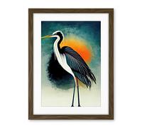 Wee Blue Coo Heron Monochrome Bird Portrait Orange Sunrise Illustration Acrylic Paint Artwork Framed Wall Art Print 18X24 Inch