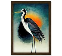 Wee Blue Coo Heron Monochrome Bird Portrait Orange Sunrise Illustration Acrylic Paint Artwork Framed Wall Art Print A4