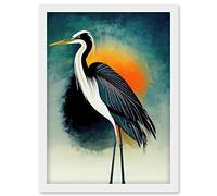 Wee Blue Coo Heron Monochrome Bird Portrait Orange Sunrise Illustration Acrylic Paint Artwork Framed Wall Art Print A4