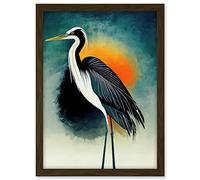 Wee Blue Coo Heron Monochrome Bird Portrait Orange Sunrise Illustration Acrylic Paint Artwork Framed A3 Wall Art Print