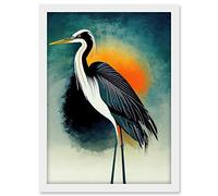 Wee Blue Coo Heron Monochrome Bird Portrait Orange Sunrise Illustration Acrylic Paint Artwork Framed A3 Wall Art Print