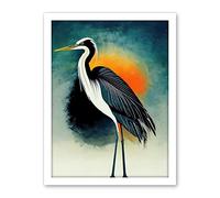 Wee Blue Coo Heron Monochrome Bird Portrait Orange Sunrise Illustration Acrylic Paint Artwork Framed Wall Art Print 18X24 Inch