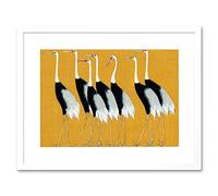 Wee Blue Coo Herons Cranes Flock Birds Ogata Korin Vintage Monochrome Illustration Mustard Yellow Artwork Framed Wall Art Print 12X16 Inch