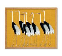 Wee Blue Coo Herons Cranes Flock Birds Ogata Korin Vintage Monochrome Illustration Mustard Yellow Art Print Framed Poster Wall Decor 12x16 inch