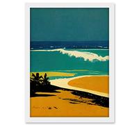Wee Blue Coo Honopu Beach Coastline Summer in Hawaii Mustard Blues Artwork Framed A3 Wall Art Print