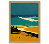 Wee Blue Coo Honopu Beach Coastline Summer in Hawaii Mustard Blues Artwork Framed Wall Art Print A4