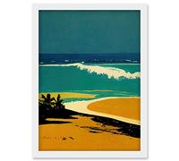 Wee Blue Coo Honopu Beach Coastline Summer in Hawaii Mustard Blues Artwork Framed Wall Art Print A4