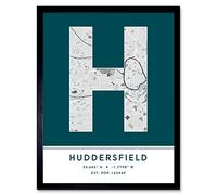 Wee Blue Coo Huddersfield England United Kingdom City Map Teal Colour Block Modern Typography Stylish Letter Framed Word Wall Art Print Poster for Home Décor CITYMAP1