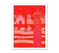 Wee Blue Coo Indian Elephants Archtecture Red Artwork Framed Wall Art Print 18X24 Inch