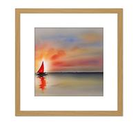 Wee Blue Coo Into The Sunset Watercolour Sailing Red Sail Boat On Calm Sea Square Wooden Framed Wall Art Print Picture 8X8 Inch
