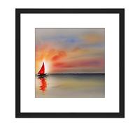 Wee Blue Coo Into The Sunset Watercolour Sailing Red Sail Boat On Calm Sea Square Wooden Framed Wall Art Print Picture 8X8 Inch