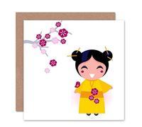 Wee Blue Coo JAPANESE GEISHA CHERRY BLOSSOM KIMONO BLANK GREETINGS BIRTHDAY CARD ART