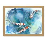 Wee Blue Coo Japanese Koi Fish Near Surface Pond White Black Orange Artwork Framed A3 Wall Art Print