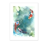 Wee Blue Coo Japanese Koi Fish With Lilies Art Print Canvas Premium Wall Decor Poster