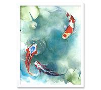 Wee Blue Coo Japanese Koi Fish With Lilies Art Print Framed Poster Wall Decor 12X16 Inch