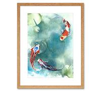 Wee Blue Coo Japanese Koi Fish With Lilies Art Print Framed Poster Wall Decor 12x16 inch