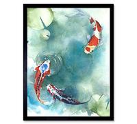 Wee Blue Coo Japanese Koi Fish With Lilies Art Print Framed Poster Wall Decor 12X16 Inch
