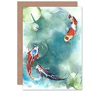Wee Blue Coo Japanese Koi Fish With Lilies Greeting Card With Envelope Inside Premium Quality
